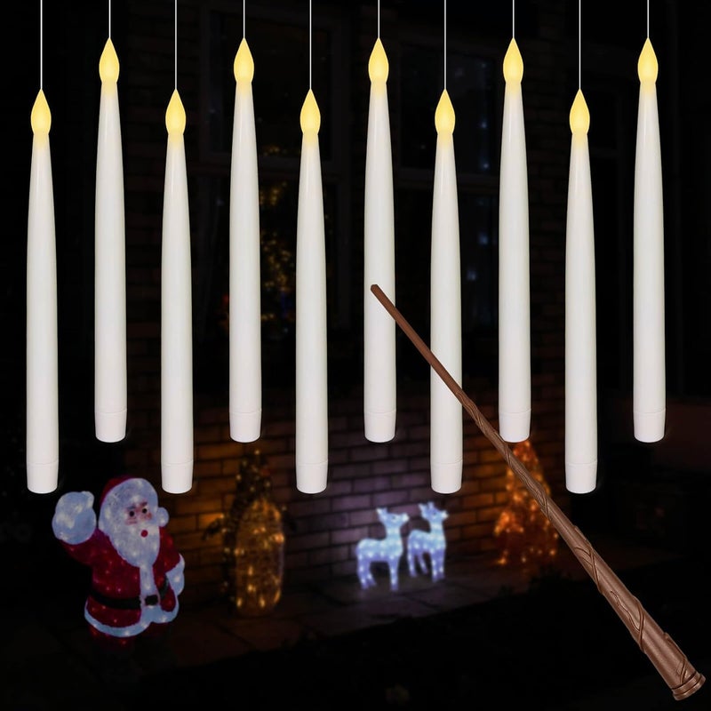 Leejec 10 Pcs of 10.8" Floating Candles with Magic Wand Remote, Halloween Decorations, Indoor Christmas Home Decor, Flickering Warm Light, Battery Operated Flameless Taper LED Electric Window Candle - Image 1